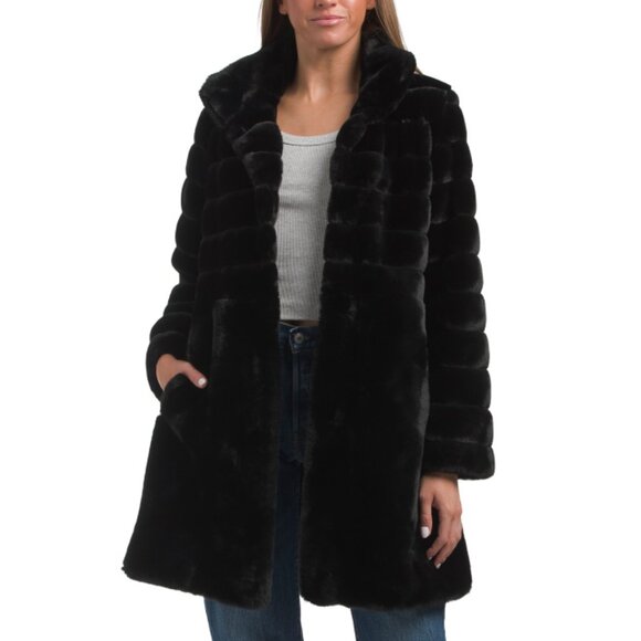 JONES NEW YORK Black Grooved Faux Fur Coat - Picture 1 of 2